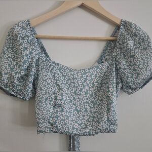 Altar'd State Teal and White Floral Puff Sleeve Blouse Lace's Up In The Bacl